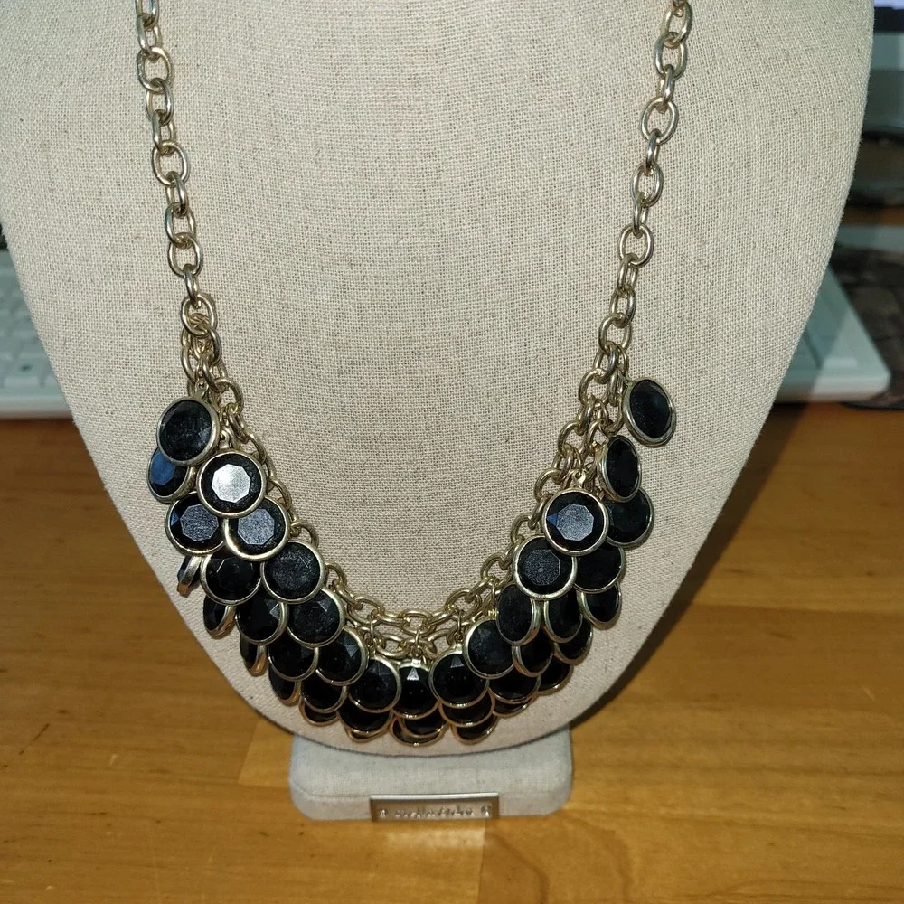 Chunky Faceted Bib Necklace Pair Black Red Cabochon Statement 20 Inch Lot Vtg